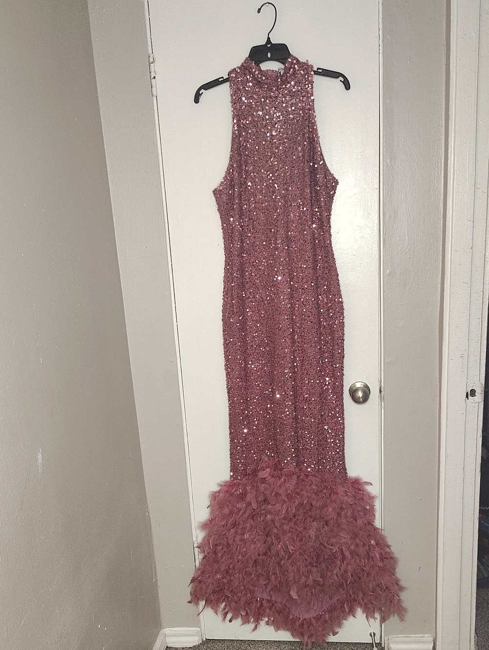 Fashion Nova Dusty Rose Sequined Prom Gown with Feathered Hem